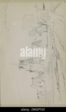 Stadtbild mit Kirche, Adrianus Everssen, ca. 1828 - 1897 Stadtbild mit Kirche. Seite 11 Recto aus einem Skizzenbuch mit 58 Blättern. Niederlande Papier. Blick auf die Stadt mit Bleistift und Landschaft mit künstlichen Bauten. Kirche (außen) Stockfoto