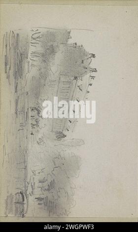 Blick auf ein Gebäude neben einer Baumgruppe, Adrianus Everssen, ca. 1828 - 1897 Blick auf ein oder mehrere Gebäude neben einer Baumgruppe. Im vorderen Bereich kann Wasser vorhanden sein. Seite 26 rückseitig aus einem Skizzenbuch mit 58 Blättern. Niederlande Papier. Bleistiftbäume. Städtische Architektur; Gebäude; Wohnungen Stockfoto