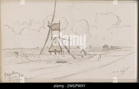 Mill aan de Dijk bei Capelle aan den IJssel, 1865 Seite 68 Verso aus einem Skizzenbuch mit 98 Blättern. Capelle aan den IJssel Papier. Tinte. Bleistift Windmühle in der Landschaft. Deiche, Deich Capelle aan den IJssel Stockfoto