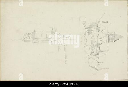 Stadtbild in Kampen und eine Laterne aus dem Rathaus in Hattem, Adrianus Everssen, um 1828 - 1897 über einem Gesicht auf Lagern mit der Außenkirche. Unter der Laterne der Fassade des Rathauses in Hattem. Blatt 45 Verso aus einem Skizzenbuch mit 52 Blättern aus der Umgebung von Kampen, Hattem, Hoorn und Zwolle. Niederlande Papier. Blick auf die Stadt mit Bleistift und Landschaft mit künstlichen Bauten. Laterne. Kirche (außen) Rathaus. Kirche im Freien Stockfoto