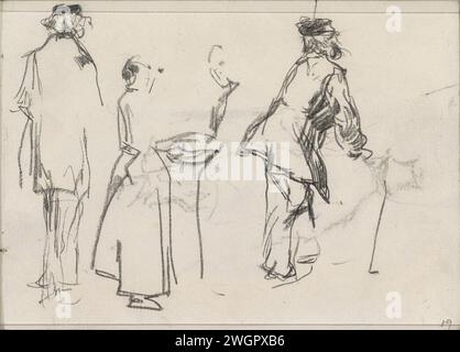 Stehende und laufende Figuren, 1875 - 1934 unter anderem, zwei Frauen einander gegenüber und ein Mann mit einem Stock. Seite 19 Recto aus Skizzenbuch LVI mit 26 Blättern. Papier. Kreidegang (+ Rückansicht). Gehstock, Personal. Erwachsene Frau (+ stehend) Stockfoto