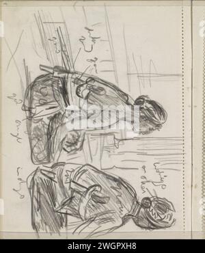 Zwei sitzende Indonesier in einem Innenraum, 1925 die Figuren tragen traditionelle Trachten und haben Schwerter um die Taille in einem Tuch gelegt. Seite 104 aus einem Skizzenbuch mit 67 Blättern. Indonesien Papier. Kreide asiatische Rassen und Völker. Sitzende Figur. Volkstracht, regionale Tracht. Hacker- und Schubwaffen: Schwert Stockfoto