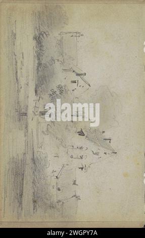 Blick auf die Gebäude, Adrianus Everssen, ca. 1828 - 1897 es gibt Gebäude zwischen Bäumen und Büschen. Im vorderen Bereich kann Wasser vorhanden sein. Seite 58 rückseitig aus einem Skizzenbuch mit 58 Blättern. Niederlande Papier. Bleistiftarchitektur; Gebäude; Wohnungen Stockfoto