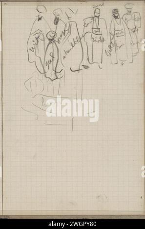 Gruppe von Männern in östlicher Kleidung, 1892 aus verschiedenen Blickwinkeln gesehen. Seite 62 aus einem Skizzenbuch mit 54 Blättern. Istanbul kreidet asiatische Rassen und Völker. Stehende Figur. Erwachsener Mann Stockfoto