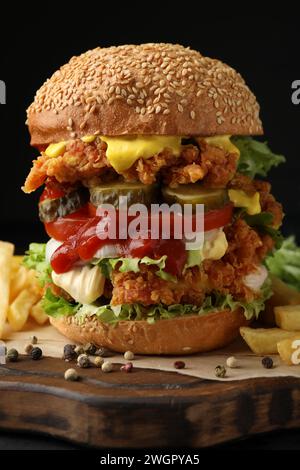 Leckerer Burger mit knusprigem Hähnchenpastete und Pommes Frites auf dem Tisch, Nahaufnahme Stockfoto