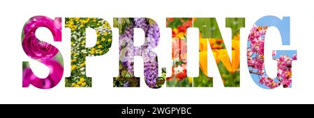 Wort FRÜHLING geschrieben mit bunten Natur und Blumen Bilder in den Buchstaben, Text isoliert auf weißem Hintergrund Stockfoto