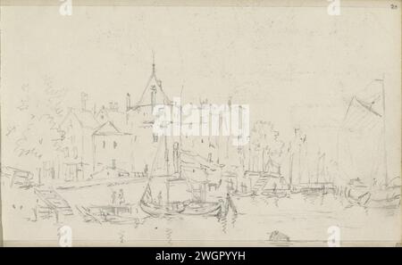 Harbor Face, Adrianus Everssen, ca. 1828 - 1897 Blick auf einen Hafen mit Segelschiffen. Auf dem Kai Gebäude, einschließlich eines Turms. Seite 20 Recto aus einem Skizzenbuch mit 27 Blättern. Niederlande Papier. Bleistifthafen. Landschaft mit Turm oder Schloss Stockfoto
