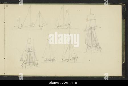 Studienblatt mit Segelschiffen, ca. 1843 Seite 38 Recto aus einem Skizzenbuch mit 40 Blättern. Papier. Bleistift-Segelschiff, Segelboot Stockfoto