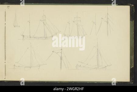 Studienblatt mit Segelschiffen, ca. 1843 Blatt 39 Recto aus einem Skizzenbuch mit 40 Blättern. Papier. Bleistift-Segelschiff, Segelboot Stockfoto