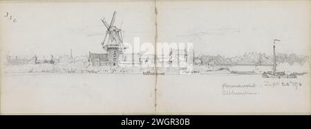 Blick auf Alblasserdam, 1874 im Vordergrund Segel- und Ruderboote und eine Mühle. Blatt 9 rückwärts und 10 Recto aus einem Skizzenbuch mit 37 Blättern. Alblasserdam-Papier. Blick auf die Stadt mit Bleistift und Landschaft mit künstlichen Bauten. Windmühle in der Landschaft. Landschaften Alblasserdam Stockfoto