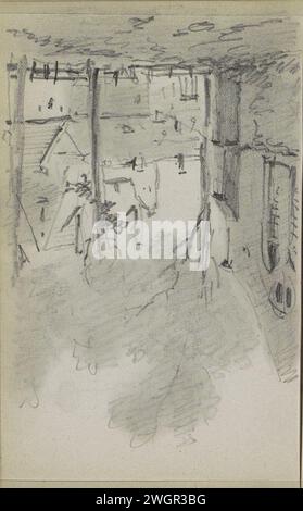 Blick auf einen Kirchplatz, Adrianus Everssen, ca. 1828 - 1897 Blick auf einen Platz mit einem Teil einer Kirche. Auch Bäume und Häuser. Blatt 42 Verso aus einem Skizzenbuch mit 58 Blättern. Niederlande Papier. Bleistiftkirche (außen). Städtische Architektur; Gebäude; Wohnungen. Platz, Ort, Zirkus usw. Stockfoto