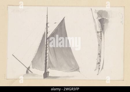 Segeln von einem Boot und zwei liegenden Booten, Hendrik Abraham Klinkhamer, 1820 - 1872 Zeichenpapier. Bleistiftbürste Segelschiff, Segelboot. Teile der Takelage von Segelschiffen Stockfoto