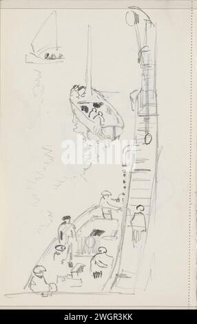 Figuren auf dem Deck eines Schiffes, ca. 1935 - ca. 1936 zwei Segelboote fahren vor dem Schiff. Blatt 54 Verso aus einem Skizzenbuch mit 73 Blättern. Papier. Bleistiftteile an der Außenseite des Schiffes (DECK) Stockfoto