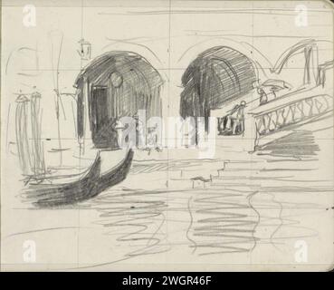 Blick auf die Treppe zur Ponte di Rialto in Venedig, Willem Witsen, 1914 zwei Gondeln auf dem Canal Grande. Seite 5 aus einem Skizzenbuch mit 26 Blättern. Venedig-Papier. Bleistiftbrücke in der Stadt über Fluss, Kanal usw. (+ Stadt (-Landschaft) mit Zahlen, Personal). Gondelbahn Rialtobrug. Canal Grande Stockfoto