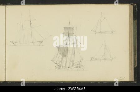 Studienblatt mit Segelschiffen, 1843 Seite 13 Recto aus einem Skizzenbuch mit 40 Blättern. Papier. Bleistift-Segelschiff, Segelboot Stockfoto