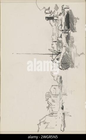 Boot an einem Steg, 1890 - 1946 im Hintergrund eine Reihe von Häusern auf dem Wasser und Bäumen. Seite 20 Recto aus einem Skizzenbuch mit 41 Blättern. Papier. Bleistift-Segelschiff, Segelboot. Landschaften mit Gewässern, Wasserlandschaften, Meereslandschaften (in der gemäßigten Zone) Stockfoto