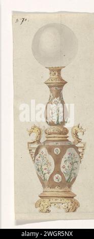 Entwurf für eine Öllampe, ca. 1840 Entwurf für eine Öllampe bestehend aus zwei vergoldeten bronzefarbenen chinesischen Porzellanvasen, farbig auf Feldern in braunem Schaft bemalt. Frankreich Papier. Graphitöl-Lampe Stockfoto