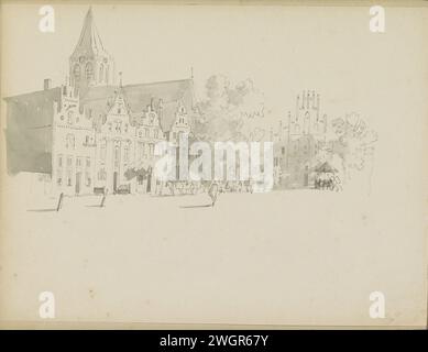 Stadtbild mit einer Kirche, Adrianus Everssen, ca. 1828 - 1897 Blick auf einen Stadtplatz mit Figuren und einem Pferd und Auto. Auf der linken Seite eine Kirche. Seite 29 rückseitig aus einem Skizzenbuch mit 41 Blättern. Niederlande Papier. Bleistiftarchitektur; Gebäude; Wohnungen. Blick auf die Stadt und Landschaft mit künstlichen Bauten. Kirche (außen) Stockfoto
