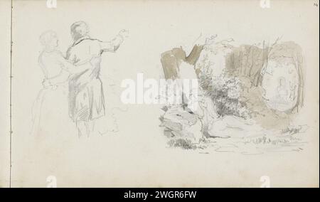 Einander umhüllendes Paar und ein sitzender Mann unter einem Baum, ca. 1840 - ca. 1860 Seite 14 Recto aus einem Skizzenbuch mit 38 Blättern. Papier für niedrige Länder. Bleistift. Pinselarm mit Aquarell (Farbe) im Arm (Liebhaberinnen). Wald, Holz (+ Landschaft mit Figuren, Personal) Stockfoto