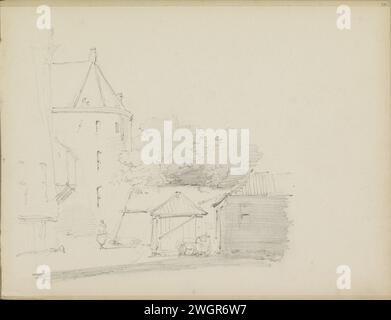Blick auf die Gebäude, Adrianus Everssen, ca. 1828 - 1897 Blick auf die Gebäude. Eine Scheune in der Mitte. Auf der linken Seite eine Figur. In den Fernbäumen. Blatt 35 Recto aus einem Skizzenbuch mit 41 Blättern. Niederlande Papier. Bleistiftarchitektur; Gebäude; Wohnungen. Schuppen Stockfoto