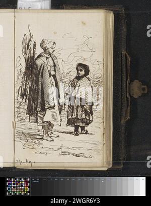 Zwei Mädchen auf einer Landstraße, 1869 das ältere Mädchen trägt einen Haufen Holz auf dem Rücken. Beide tragen einen Mantel und einen Hut. Seite 4 Recto aus einem Skizzenbuch mit 51 Blättern. Bleistift. Tintenstift-Mädchen (Kind zwischen Kleinkind und Jugend). Straße, Pfad Stockfoto