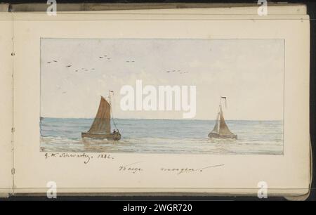 Meereslandschaft mit zwei Segelschiffen, 1882 in einem Rahmen. Seite 2 Recto aus einem Skizzenbuch mit 54 Blättern. Papier. Tinte. Aquarell (Farbe). Bleistift / Pinsel Ocean. Segelschiff, Segelboot Stockfoto