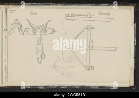 Studienblatt, auch mit Sattel, 1845 auch Studien von Teilen eines Pferdeplatzes. Lose Zeichnung zwischen Seite 61 und der Hinterplatte aus einem Skizzenbuch mit 61 Blättern. Papier. Bleistiftsattel Stockfoto