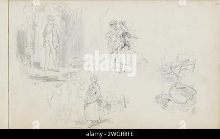 Lernblatt mit Liebespaaren und einem stehenden Mann, ca. 1840 - ca. 1860 Seite 12 Recto aus einem Skizzenbuch mit 38 Blättern. Papier für niedrige Länder. Bleistiftpaar von Liebenden. Stehende Figur Stockfoto