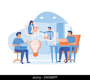 Teamwork von Benutzern, die über Cloud-Computing und Glühbirnen verbunden sind. Moderne Illustration des flachen Vektors. Moderne Illustration des flachen Vektors Stock Vektor