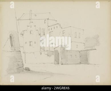 Blick auf eine Straße, Adrianus Everssen, ca. 1828 - 1897 Blick auf eine Straße mit Gebäuden auf beiden Seiten. Blatt 36 Recto aus einem Skizzenbuch mit 41 Blättern. Niederlande Papier. Bleistift Straße. Städtischer Wohnraum Stockfoto