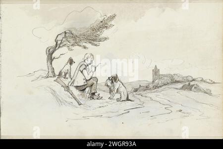 Landschaft mit einem sitzenden Jäger und seinen Hunden, 1843 - 1844 einer der Hunde hat wilde, vermutlich ein Hase im Mund. Ein Kirchturm im Hintergrund. Seite 12 aus einem Skizzenbuch mit 38 Blättern. Papier. Tinte. Bleistift / Pinseljäger. Hund. Landschaften (+ Landschaft mit Figuren, Personal). Sitzende Figur. Kirche (außen) Stockfoto