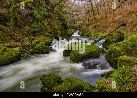 Der Afon Dwyryd River im Eryri Nationalpark (Snowdonia) zwischen Blaenau Ffestiniog und Maentwrog Stockfoto