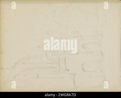 Stadtbild mit einer Kirche, Adrianus Everssen, ca. 1828 - 1897 links ein Gebäude mit Bögen für eine Kirche. In der Ferne Gebäude mit Top-Fassaden. Seite 16 rückseitig aus einem Skizzenbuch mit 41 Blättern. Niederlande Papier. Blick auf die Stadt mit Bleistift und Landschaft mit künstlichen Bauten. Städtischer Wohnraum. Kirche (außen) Stockfoto