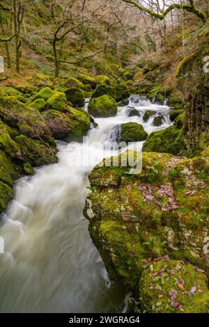 Der Afon Dwyryd River im Eryri Nationalpark (Snowdonia) zwischen Blaenau Ffestiniog und Maentwrog Stockfoto