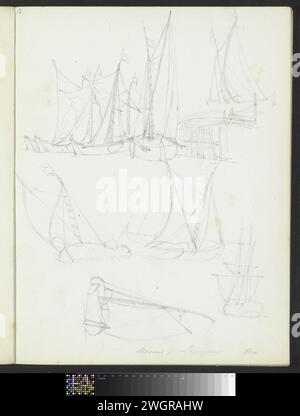 Studienblatt mit Segelschiffen, 1820 - 1872 Seite 13 Recto aus einem Skizzenbuch mit 21 Blättern. Papier. Bleistift-Segelschiff, Segelboot Stockfoto