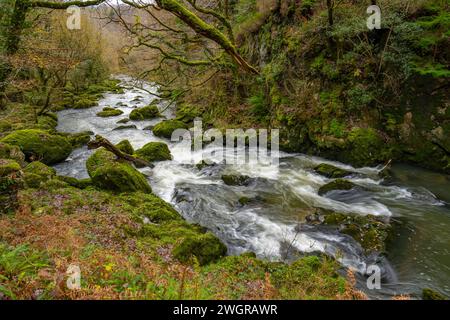 Der Afon Dwyryd River im Eryri Nationalpark (Snowdonia) zwischen Blaenau Ffestiniog und Maentwrog Stockfoto