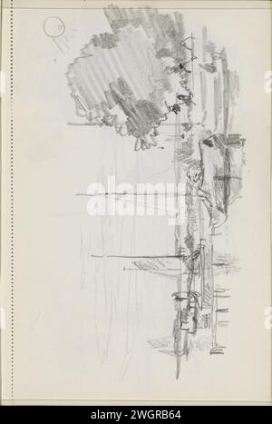 Segelboote an einer Uferpromenade, 1890 - 1946 Leaf 34 Recto aus einem Skizzenbuch mit 75 Blättern. Papier. Bleistiftlandschaften mit Wasser, Wasserlandschaften, Meereslandschaften (in der gemäßigten Zone). Segelschiff, Segelboot Stockfoto