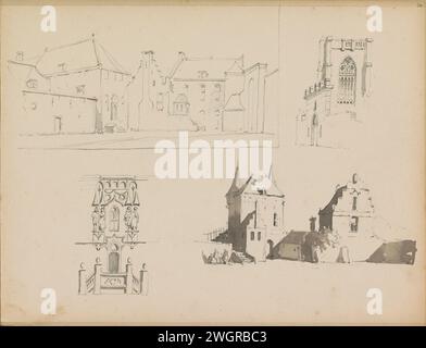 Studienblatt mit Gebäuden und einem Stadtbild, Adrianus Everssen, ca. 1828 - 1897 oben links ein Stadtbild. Oben rechts ein Turm mit spitzem Bogenfenster, möglicherweise einer Kirche. Unten links befindet sich eine Fassade mit Skulpturen. Unten rechts ein Stadtbild mit einem Tor und einem Gebäude mit einem Stufengiebel. Seite 30 aus einem Skizzenbuch mit 41 Blättern. Niederlande Papier. Bleistiftarchitektur; Gebäude; Wohnungen. Blick auf die Stadt und Landschaft mit künstlichen Bauten. turm (des Hauses oder Gebäudes). Stadttor Stockfoto