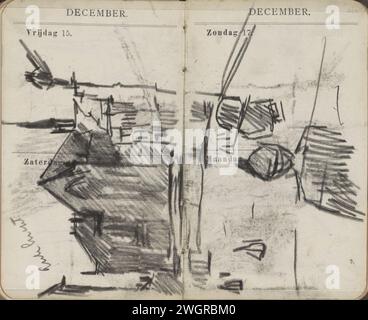 Blick auf den Staudamm in Amsterdam mit dem Nieuwe Kerk, George Hendrik Breitner, 1893 auf der linken Seite des Königspalastes. Vor einer Figur. Seite 199 und Seite 200 aus einer Agenda, die als Skizzenbuch mit 108 Blättern verwendet wurde. Amsterdam Papier. Kreideplatz, Ort, Zirkus usw. (+ Stadt (-Landschaft) mit Zahlen, Personal). Kirche (außen). Städtische Architektur, Gebäude, Wohnanlagen, Staudamm. Neue Kirche. Königspalast Amsterdam Stockfoto