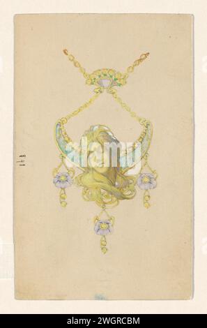 Entwurf für einen Anhänger mit einem schlafenden Frauenkopf und Mohn, aus emailliertem Gold, Paul Louchet, um 1905 Verso eine Skizze aus Graphit eines facettierten Steins. Paris Papier. Tinte. Aquarell (Farbe). Graphit (mineralisch). Gouache (Farbe) Zeichnung/Stift Stockfoto