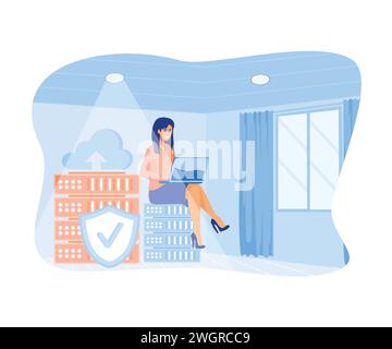 Frau, die Cloud-Computing-Konzept betreibt, Rechenzentrum. Moderne Illustration des flachen Vektors Stock Vektor