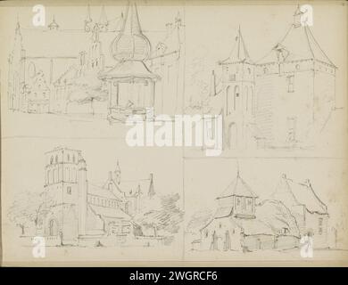 Arbeitsblatt mit Gebäuden, Adrianus Everssen, ca. 1828 - 1897 Arbeitsblatt mit Gebäuden. Oben links ein Stadtbild mit einer Kirche und einer Frau in der Nähe eines freistehenden Gebäudes mit sechseckigem Grundriss. Oben rechts ein verstärktes Gebäude. Unten links eine Kirche. Seite 13 Recto aus einem Skizzenbuch mit 41 Blättern. Niederlande Papier. Bleistiftburg. Blick auf die Stadt und Landschaft mit künstlichen Bauten. Kirche (außen) Stockfoto