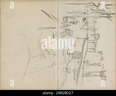 Blick auf den Rokin in Amsterdam, George Hendrik Breitner, um 1902 von der Bodega aus gesehen. Seite 51 und Seite 52 aus einem Skizzenbuch mit 46 Blättern aus der Nähe von Amsterdam, Rotterdam und Haarlem. Amsterdam Papier. Bleistiftkanäle, Wasser (in der Stadt) (+ Stadt(-Landschaft) mit Figuren, Personal). Urban Housing Rock Stockfoto