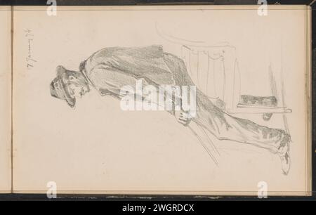 Mann mit Hut auf einem Stuhl, Cornelis Springer, 1874 Ein Mann mit Hut sitzt auf einem Stapel von Gegenständen, die auf einem Stuhl liegen. Vielleicht eine Rettungsleine in seiner Hand. Blatt 32 aus einem Skizzenbuch mit 46 Blättern. Niederlande Papier. Bleistift sitzende Figur (+ Seitenansicht, Profil). Stuhl. Kopfbedeckung: Hut (+ Herrenkleidung) Stockfoto