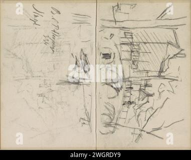 Blick auf den Singel in Amsterdam, George Hendrik Breitner, 1886 - ca. 1903 möglicherweise in der Nähe der Nummer 334. Seite 61 und Seite 62 aus einem Skizzenbuch mit 46 Blättern. Amsterdam Papier. Kreidewohnungen in der Stadt. Brücke in der Stadt über Fluss, Kanal usw. Einfach Stockfoto