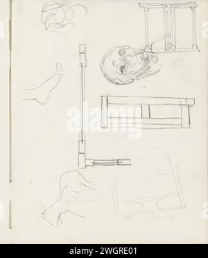 Arbeitsblatt, einschließlich Männerkopf, Tier und Möbel, ca. 1900 Seite 13 Recto aus einem Skizzenbuch mit 15 Blättern. Papier. Kreide. Bleistiftkopf (Mensch). Möbel und Haushaltsgegenstände. Tiere Stockfoto