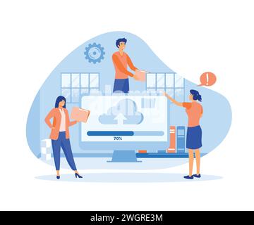 Download-Dateikonzept. Cloud-Dienste und Informationsaustausch im Internet. Fortschritt, moderne Technologie und digitale Welt, Remote-Mitarbeiter. Flach Stock Vektor