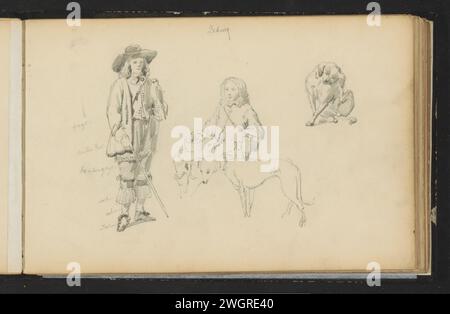 Zwei Jungen und zwei Hunde, Cornelis Springer, nach Unknown, ca. 1846 - ca. 1882 links ein stehender Junge. Neben ihm ein sitzender Junge mit einem Hut auf dem Schoß. Ein Hund bei ihm. Oben rechts noch ein Hund. Blatt 38 aus einem Skizzenbuch mit 91 Blättern. Niederlande Papier. Bleistiftjunge (Kind zwischen Kleinkind und Jugend). Hund Stockfoto