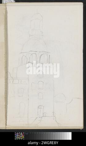 Turm mit Kuppeldach, 1890 - 1946 Seitenansicht einer separaten Seite zwischen den Seiten 1 und 2 aus einem Skizzenbuch mit 59 Blättern. Papier. Bleistiftturm (Haus oder Gebäude) Stockfoto