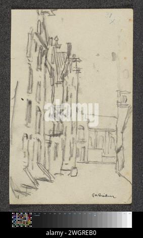 Blick auf eine Straße in Amsterdam, möglicherweise auf den westlichen Inseln, 1912 in der Ferne vielleicht eine Kapelle oder Kirche mit einem Stufengiebel. Amsterdam Papier. Kreidestraße. Kirche (außen) - QQ - kleine Kirche, Kapelle westliche Inseln Stockfoto